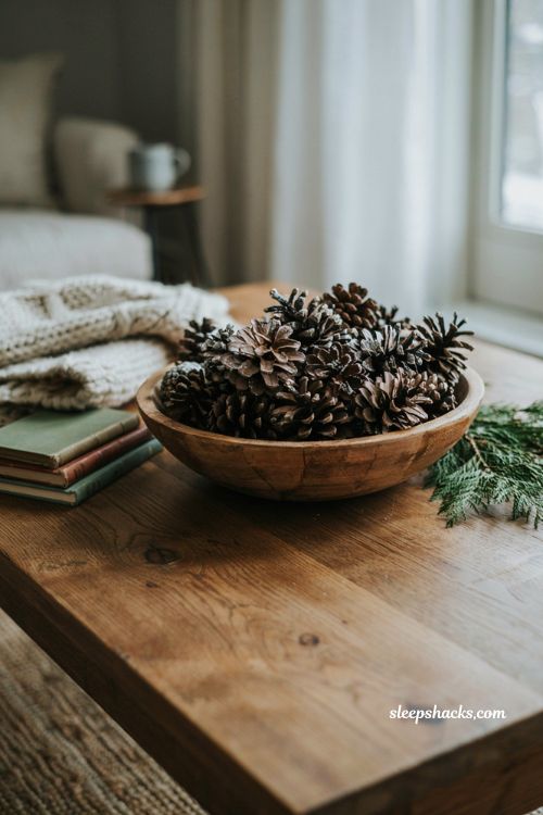 Simple winter centerpiece using roasted pinecones in a wooden bowl for christmas decor