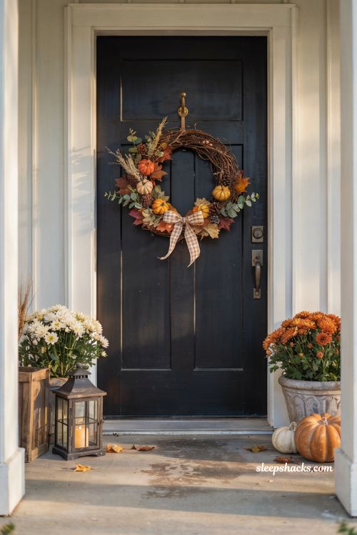 Small front porch fall decor ideas with autumn wreath on black front door and cozy farmhouse styling