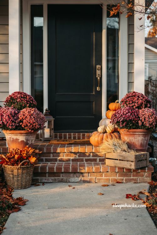 Small front porch fall decor ideas with faux mum planters purple flowers and cosy farmhouse autumn styling