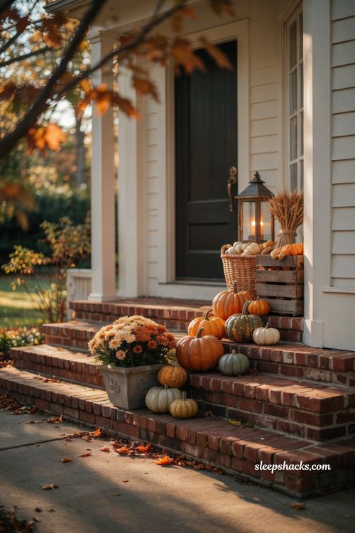 Small front porch fall decor ideas with mixed pumpkins lining the steps and cosy farmhouse autumn entry