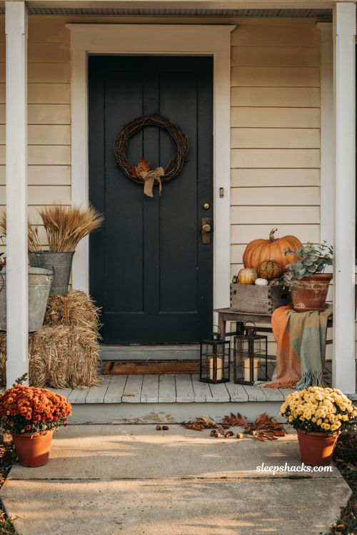 Small front porch fall decor ideas with pumpkins hay bales wreath and cozy farmhouse autumn styling