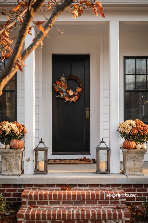Small front porch fall decor ideas with symmetrical pumpkins planters wreath and cosy farmhouse autumn entry