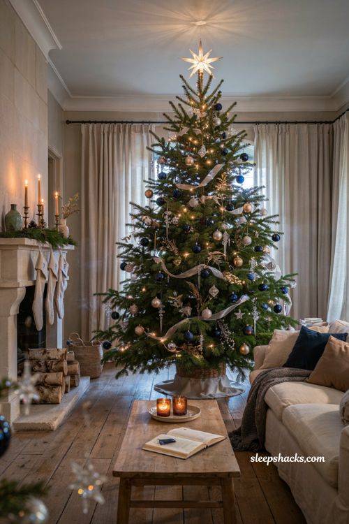 Starry night navy blue and silver Christmas tree with celestial holiday decor ideas