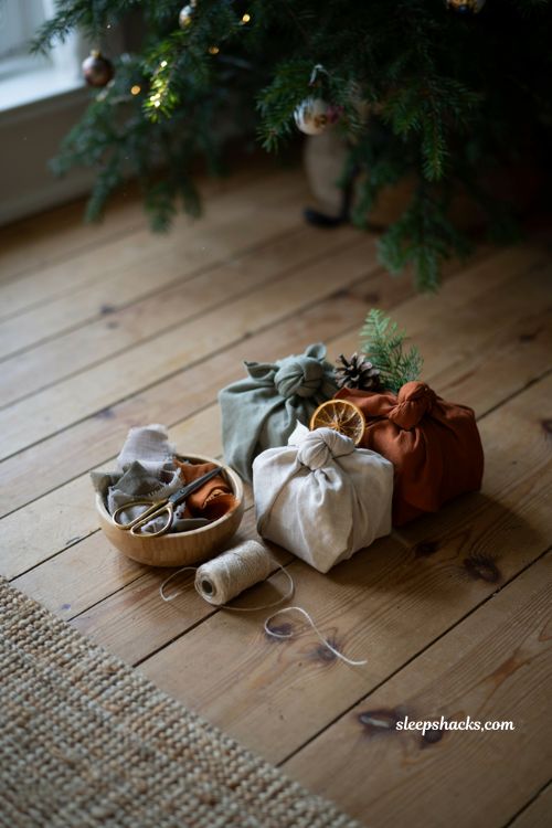 Sustainable furoshiki fabric gift wrapping ideas for a cozy hygge Christmas