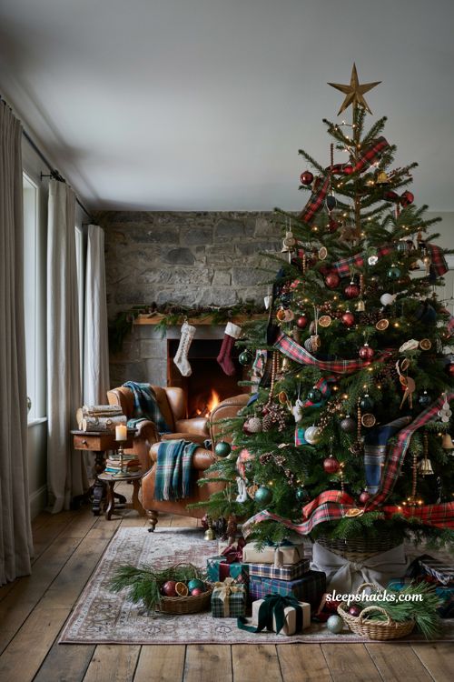 Tartan plaid Christmas tree with nostalgic family holiday decor and heirloom ornaments