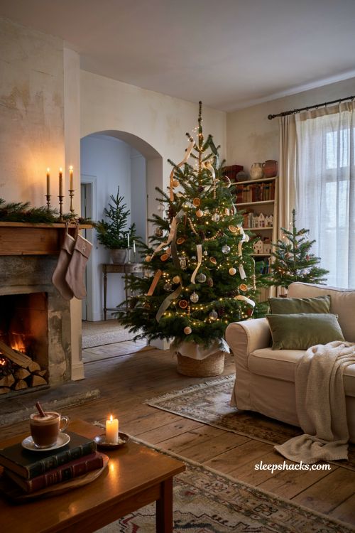 Themed Christmas tree ideas with elegant color scheme and cozy holiday living room decor