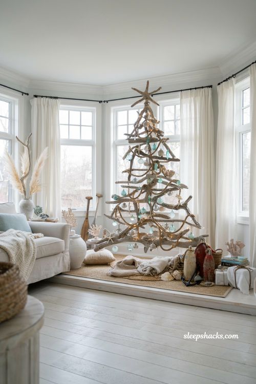 Themed christmas tree ideas with a coastal driftwood christmas tree and beach house holiday decor