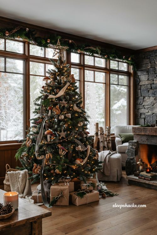 Themed christmas tree ideas with a cozy woodsy forest retreat christmas tree and rustic cabin decor
