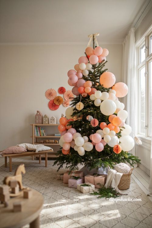 Themed christmas tree ideas with a playful balloon garland christmas tree in a cozy family playroom