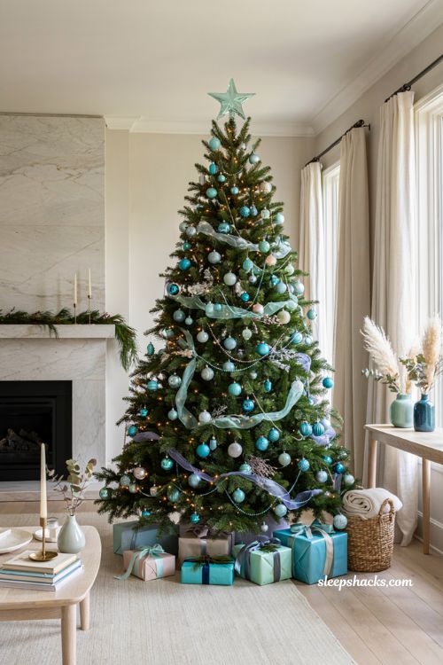 Themed christmas tree ideas with a turquoise ombré christmas tree and gradient holiday decor