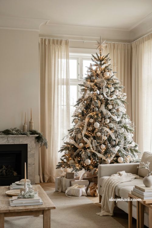 Themed christmas tree ideas with an all white winter wonderland tree and elegant neutral holiday decor