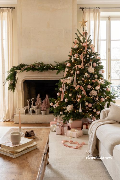 Themed christmas tree ideas with blush pink pearl ornaments and elegant holiday living room decor