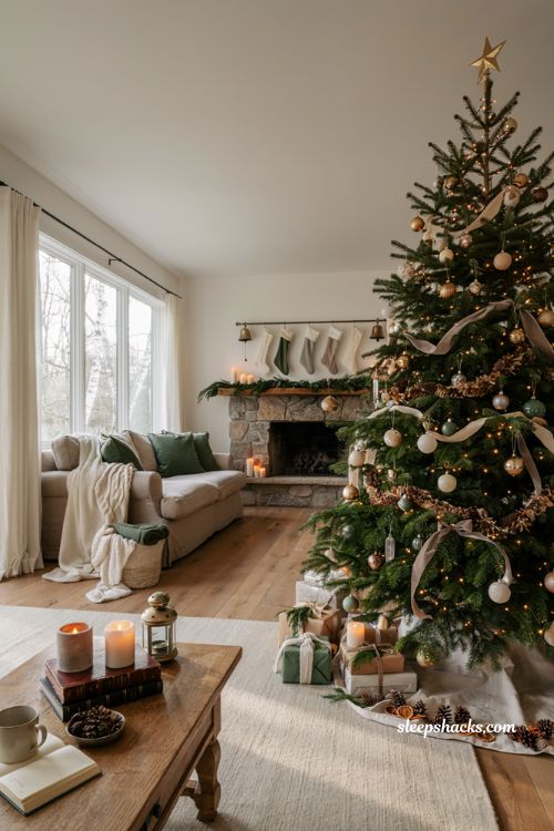 Themed christmas tree ideas with coordinated holiday decor in a cozy designer living room