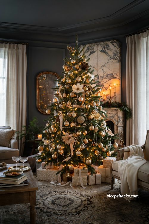 Themed christmas tree ideas with glamorous gold metallic ornaments and crystal garland in an elegant living room