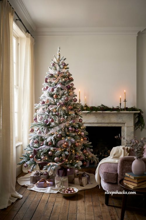 Themed christmas tree ideas with purple plum ornaments on a flocked white christmas tree