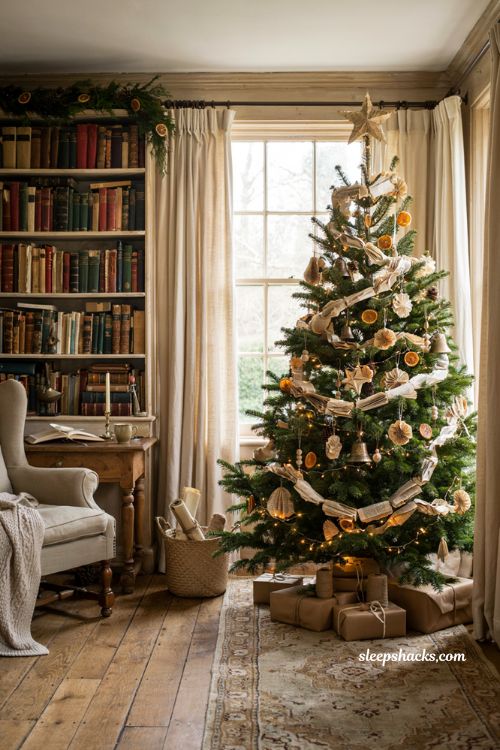Themed christmas tree ideas with vintage book page ornaments in a cozy reading nook
