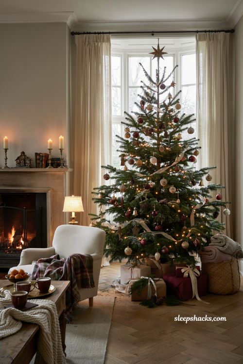 Timeless christmas decor with a full layered heirloom christmas tree in a cozy classic living room