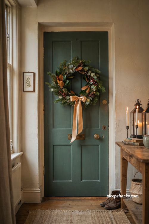 Timeless christmas decor with classic evergreen wreath and interchangeable ribbon on a cozy front door
