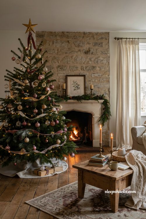 Timeless christmas decor with classic gold star tree topper in a cozy traditional living room