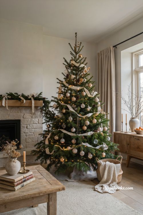 Timeless christmas decor with golden twinkle neutral christmas tree in a cozy elegant living room