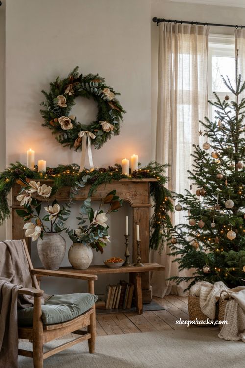 Timeless christmas decor with magnolia and eucalyptus stems in cozy holiday living room