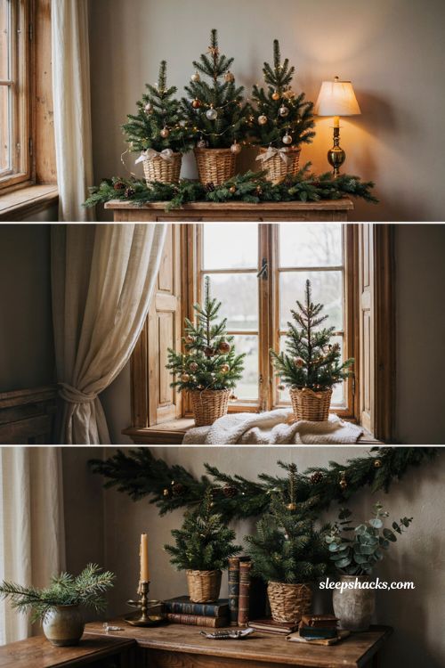 Timeless christmas decor with mini christmas trees in woven baskets throughout a cozy home