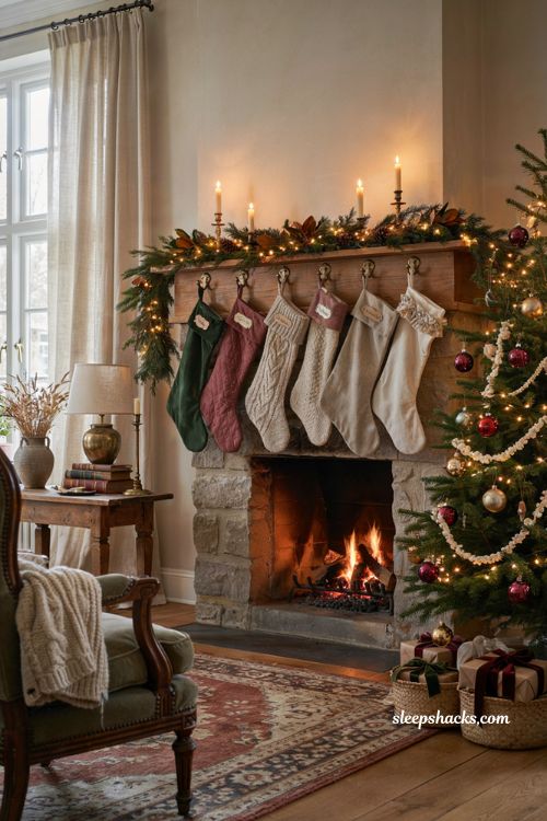 Timeless christmas decor with personalized classic stockings on a cozy holiday mantel