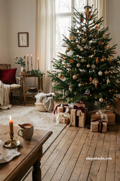 Timeless christmas decor with vintage kraft paper gift wrap under a cozy classic christmas tree