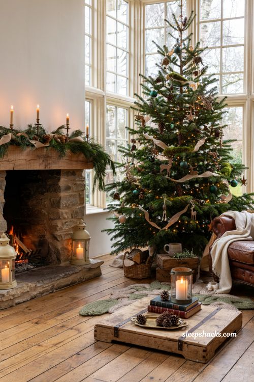Timeless christmas decor with woodland forest christmas tree in a cozy rustic living room