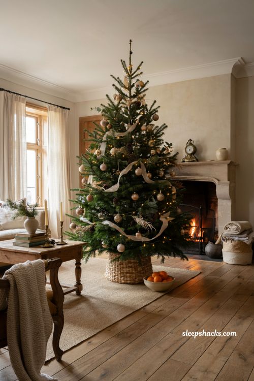 Timeless christmas decor with woven basket tree collar in a cozy traditional living room