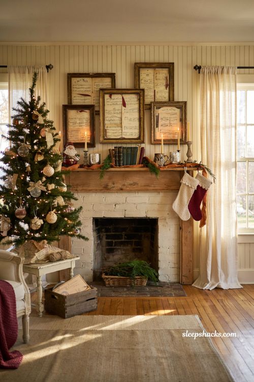 Vintage christmas decor diy with framed sheet music and handmade ornaments
