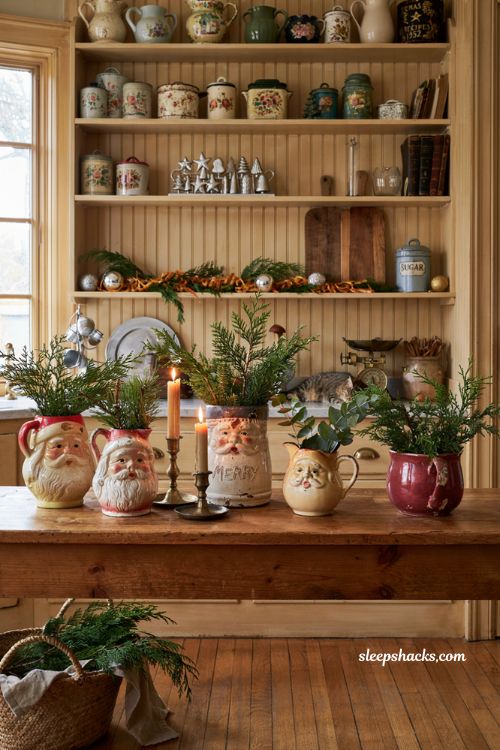 Vintage christmas decor diy with santa mug planters and fresh evergreen sprigs
