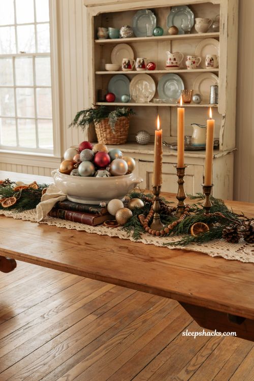 Vintage christmas decor diy with thrifted bowl filled with vintage glass ornaments