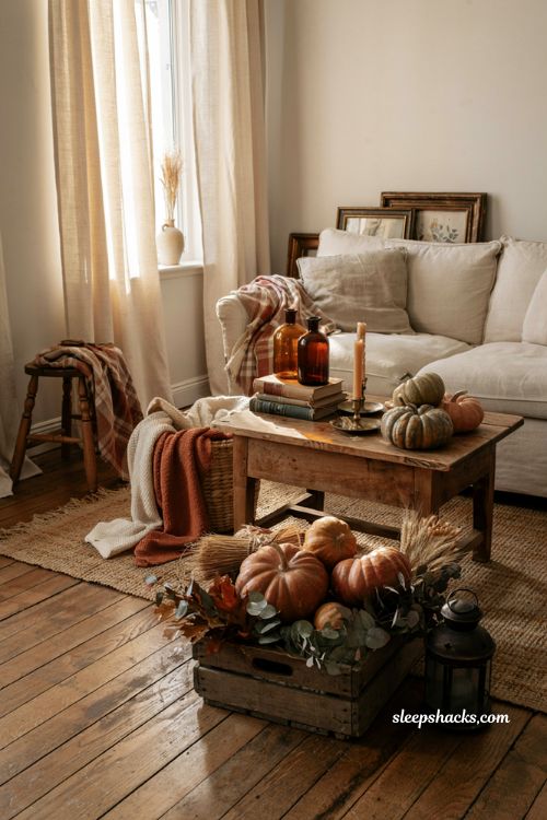 Vintage fall decor ideas featuring antique wood furniture amber glass and cozy collected autumn living room styling