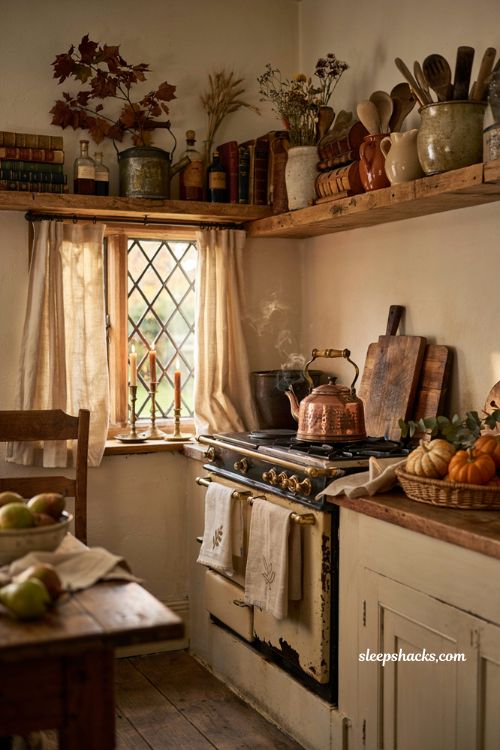 Vintage fall decor ideas with an antique copper tea kettle in a cozy farmhouse kitchen