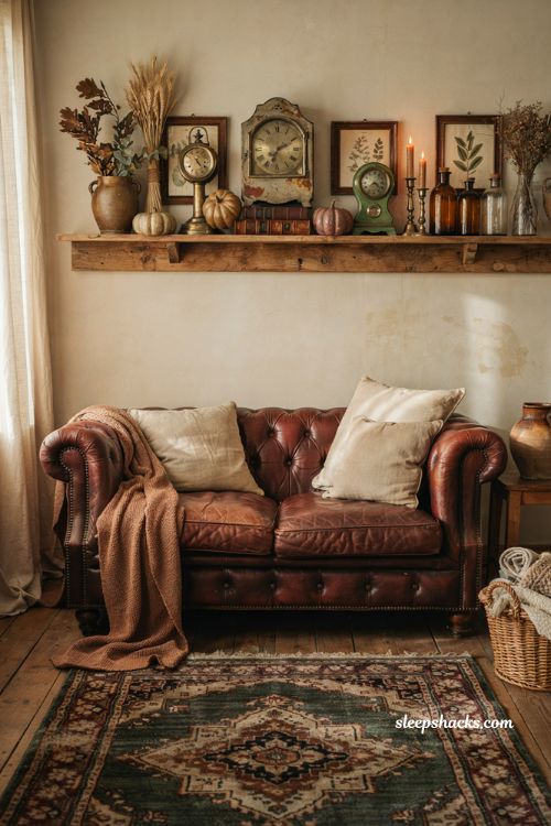 Vintage fall decor ideas with antique Westclox clocks styled on a cozy farmhouse mantel