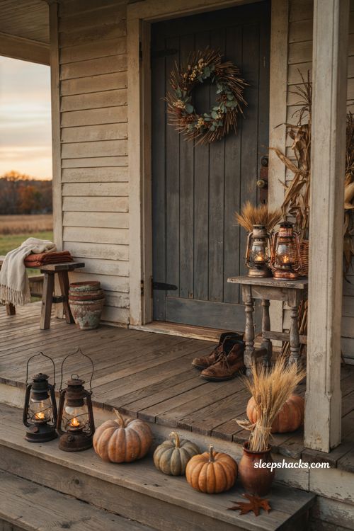 Vintage fall decor ideas with antique kerosene lanterns creating a warm autumn porch glow