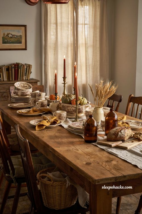 Vintage fall decor ideas with brown transferware and layered farmhouse autumn table setting