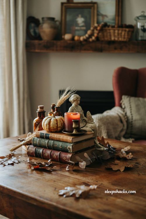 Vintage fall decor ideas with stacked antique books and heirloom pumpkins on a cozy farmhouse coffee table