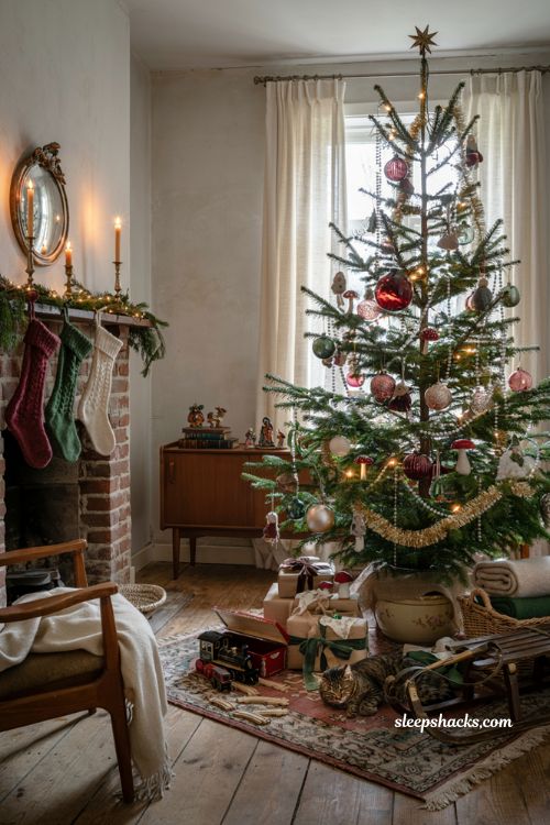 Vintage tinsel and glass bead Christmas tree with retro nostalgic holiday decor ideas