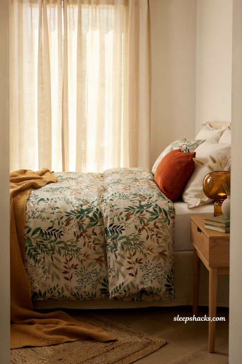 Warm botanical bedding swap for a simple autumn bedroom refresh