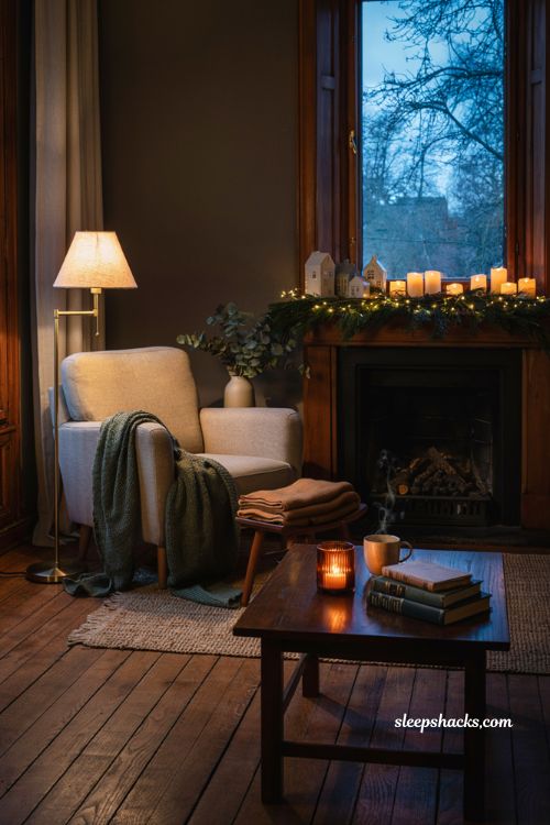 Warm low lighting ideas for a cozy hygge Christmas living room atmosphere