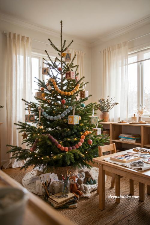 Whimsical painted wooden block Christmas tree with kids handmade ornaments and colorful felt garland