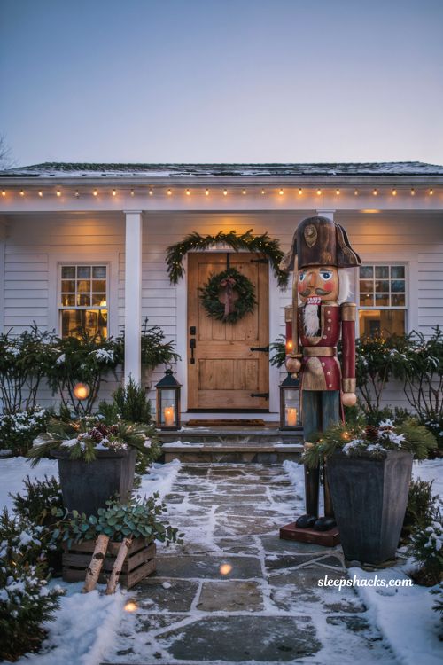 Wide-angle eye-level editorial exterior photograph of a charming farmhouse front porch where a cascading evergreen door swag creates an effortlessly elegant Christmas welcome, featuring a warm natural oak front door adorned with a handcrafted asymmetrical holiday swag hung slightly off-center, overflowing with fresh cedar, pine, and fir branches blended with realistic fabric evergreen stems, shimmering frosted pinecones, magnolia leaves, dried eucalyptus, delicate winter berries, and finished with a wide soft linen ribbon tied into a relaxed flowing bow, complemented by simple cedar garlands framing the doorway, black wrought iron lanterns glowing with realistic LED candles, oversized weathered stone planters filled with winter greenery, reclaimed wooden crates, a woven coir doormat, lightly snow-dusted stone steps, a rustic wooden bench layered with a chunky cream knit throw, wicker baskets, and understated holiday accents collected naturally over many Christmas seasons rather than perfectly matched, blending timeless farmhouse Christmas style with Scandinavian simplicity and rustic cottage holiday elegance, a warm and grounding palette of snowy white, rich cedar green, weathered oak, soft ivory, muted champagne, pinecone brown, natural linen, charcoal black, and subtle frosted silver accents, layered with authentic textures including lush evergreen foliage, soft woven fabric, aged wood, rough pinecones, matte black metal, woven wicker, handcrafted ribbon, and weathered stone that create warmth and quiet depth, illuminated by soft golden winter afternoon light transitioning into early evening with warm lantern glow and gentle window light casting delicate natural shadows that highlight every cascading branch and textured surface, evoking the peaceful feeling of a home decorated with intention where flowing greenery adds graceful movement, weathered natural materials bring warmth and authenticity, and simple handcrafted details create lasting farmhouse Christmas charm, no people, no text, no watermarks, no blur, no bokeh, all surfaces in sharp focus, photorealistic, ultra-realistic, 4K resolution, editorial exterior photography, Pinterest-worthy, high click-through appeal