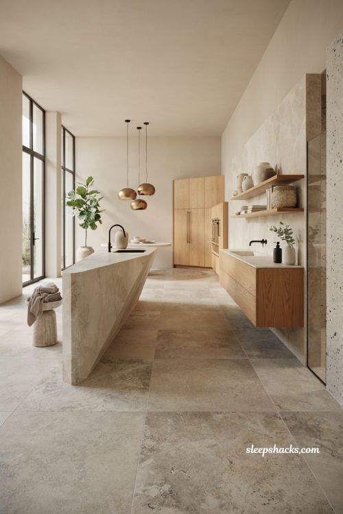 Wide-angle eye-level editorial interior photography of a luxurious open-concept modern kitchen flowing into a spa-inspired bathroom, showcasing oversized natural stone surfaces and large-format porcelain tile that create uninterrupted visual continuity throughout the home. Timeless contemporary architecture with minimalist, Scandinavian, and high-end European influences, featuring floor-to-ceiling quartzite slab backsplashes, waterfall-edge natural stone kitchen island, expansive large-format limestone floor tiles with ultra-thin grout lines, floating white oak vanities, seamless terrazzo shower walls, matte black fixtures, custom flat-panel oak cabinetry, smooth plaster walls, and slim black steel-framed windows that flood the interiors with natural light. The color palette blends warm ivory, creamy white, soft greige, weathered limestone gray, natural oak, muted taupe, subtle charcoal accents, and gentle sage green from carefully placed indoor plants, creating a calm, elegant, and cohesive atmosphere. Thoughtfully curated details include handcrafted ceramic vessels, folded linen towels, textured woven baskets, artisan soap dispensers, sculptural pendant lighting, a solid travertine stool, open shelving with collected décor, and understated accessories that feel naturally accumulated over time rather than perfectly staged. Soft morning sunlight streams through expansive glazing, gently illuminating every slab, tile, wood grain, linen texture, and stone surface with warm, even light while preserving crisp editorial clarity across every corner of the space. The atmosphere feels serene, refined, and effortlessly luxurious, expressing modern living through uninterrupted surfaces, authentic natural materials, and restrained detailing where soft neutral colors instantly calm the senses, richly textured stone adds warmth and lasting depth, and oversized slabs create timeless architectural beauty while remaining practical for everyday life. no people, no text, no watermarks, no blur, no bokeh, all surfaces in sharp focus, photorealistic, ultra-realistic, 4K resolution, editorial interior photography, Pinterest-worthy