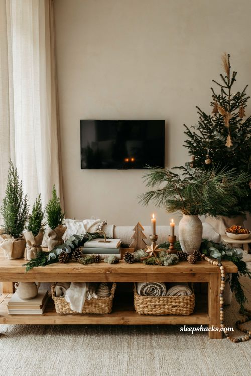Winter tv stand decor ideas with natural textures pinecones and evergreen styling