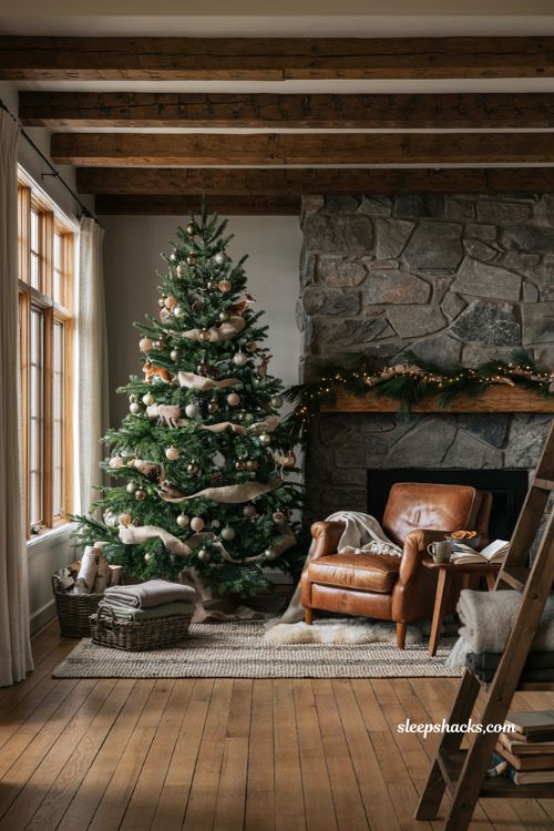 Woodland natural Christmas living room decor idea with matte greens taupe and bark tones and woven textures