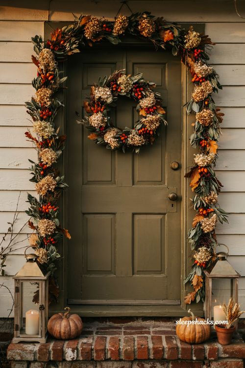 autumn wreath and matching door garland transitioning from early fall neutrals to deep late October colors