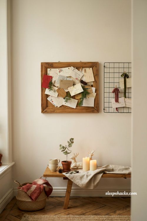 christmas card wall display ideas with cozy holiday decor for a farmhouse home