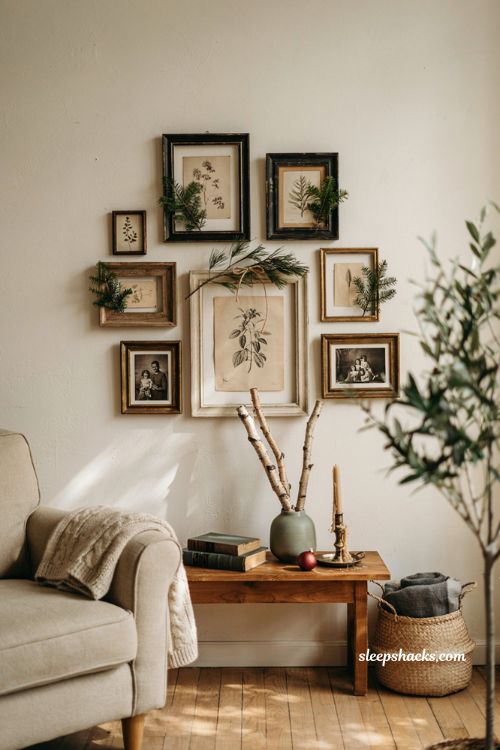 christmas gallery wall decor ideas with greenery added to existing frames for a cozy living room